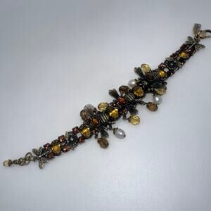 Mary Demarco gold bronze tone amber topaz glass real pearls bumblebee bracelet